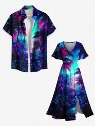Galaxy Coconut Tree Print Plus Size Matching Hawaii Beach Outfit For Couples -  