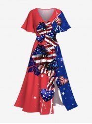 Plus Size Patriotic American Flag Hibiscus Flowers Heart Print Split Hawaii Midi Dress -  