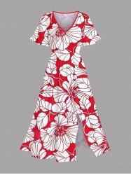 Plus Size Tropical Lraf Hibiscus Flowers Print Split Hawaii Midi Dress -  