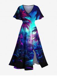 Robe mi-longue hawaïenne fendue à imprimé cocotiers et galaxie grande taille - Bleu L