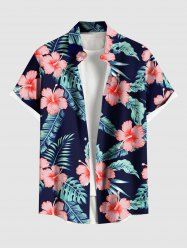 Chemise hawaïenne grande taille à imprimé feuilles tropicales et fleurs d'hibiscus pour homme - Noir 2XL