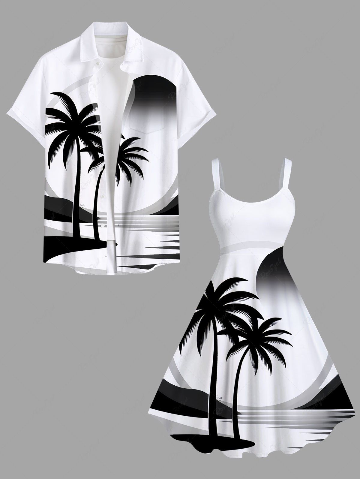 Store Coconut Tree Sea Sun Print Plus Size Matching Hawaii Beach Outfit For Couples  