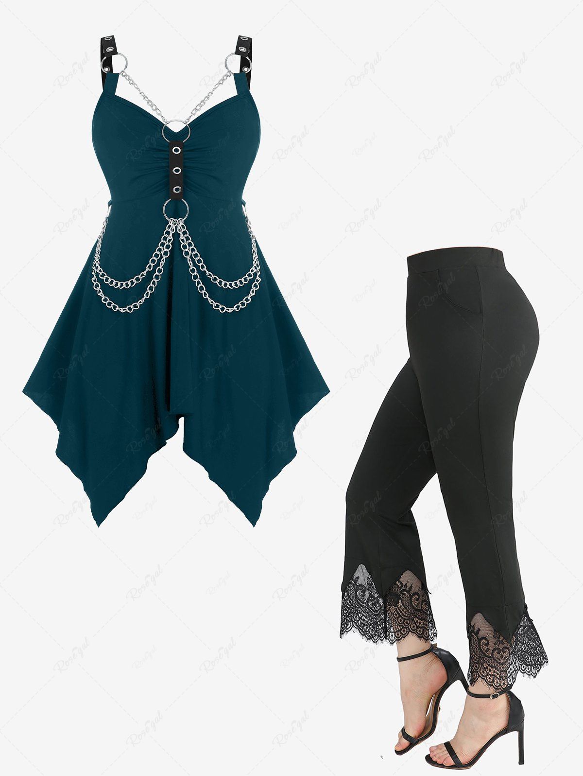 Fashion O Ring Chains Gothic Handkerchief Tank Top and Scalloped Tassel Flare Pants Plus Size Outfit  