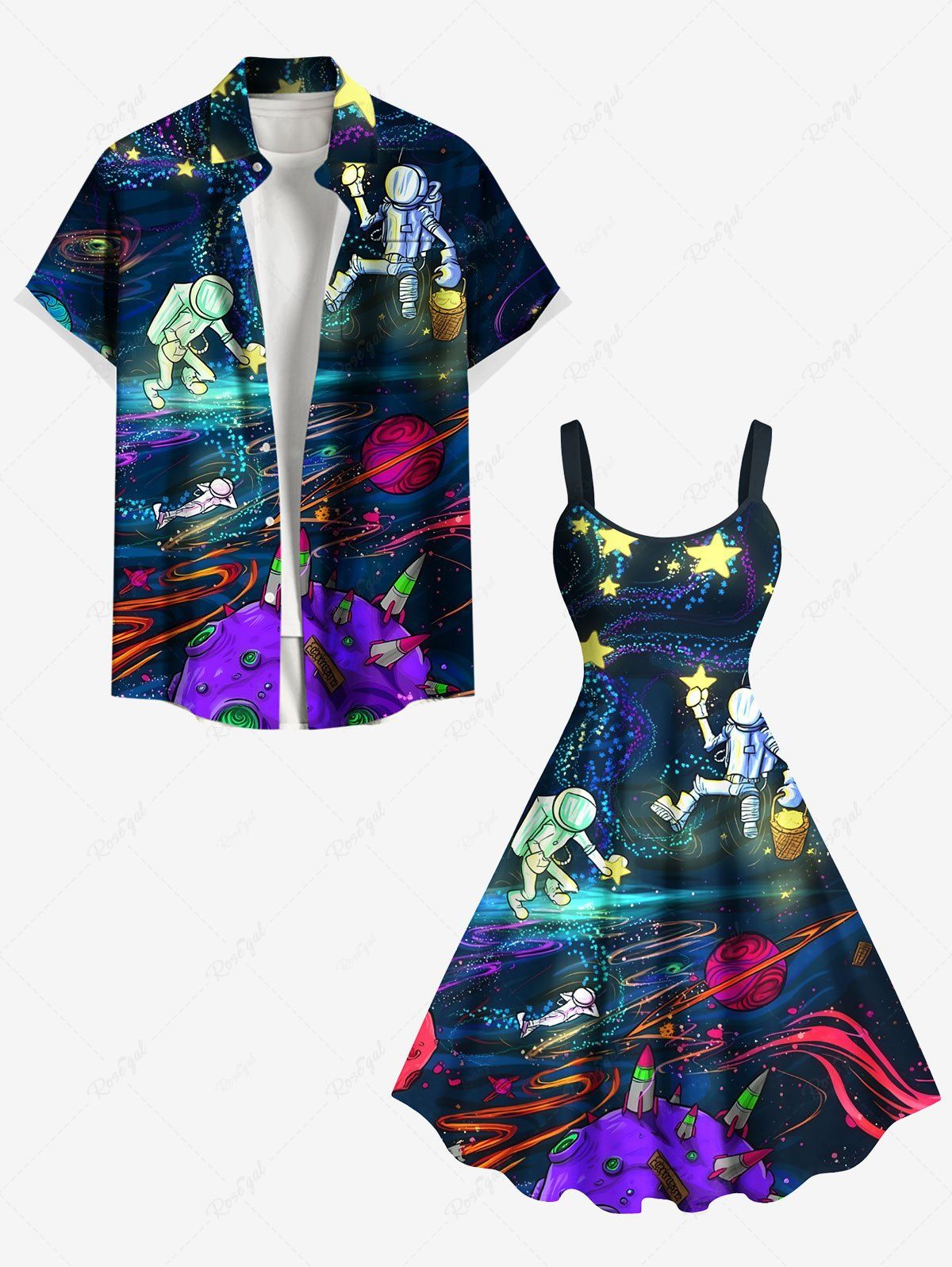 Cheap Galaxy Astronaut Stars Print Plus Size Matching Hawaii Beach Outfit For Couples  
