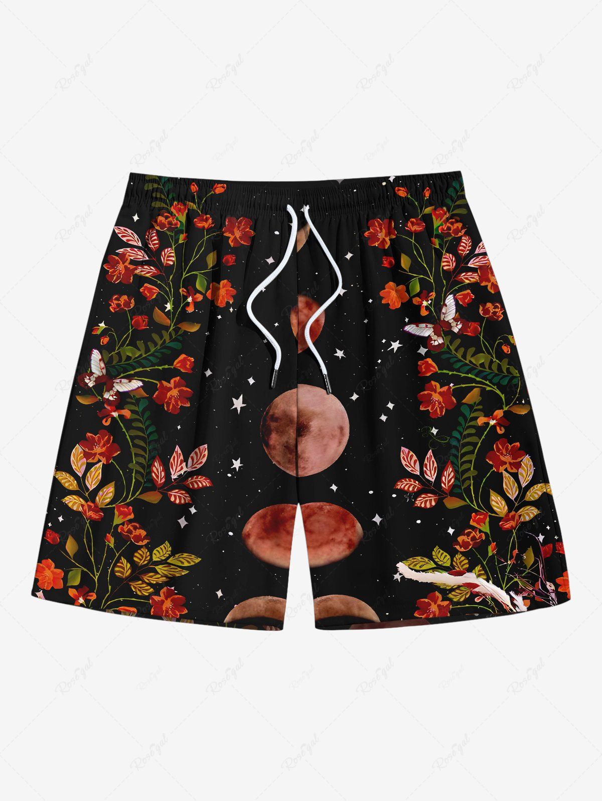 Latest Plus Size Flower Leaf Moon Star Galaxy Print Hawaii Drawstring Beach Shorts For Men  