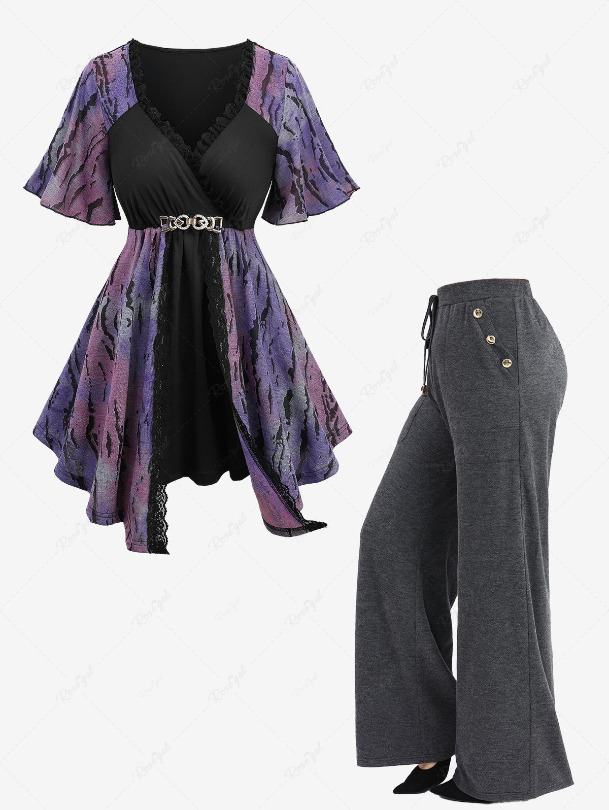 Shops Tie Dye Ombre Jacquard Surplice Top and Mock Button Pocket Drawstring Marled Wide Leg Pants Plus Size Outfit  