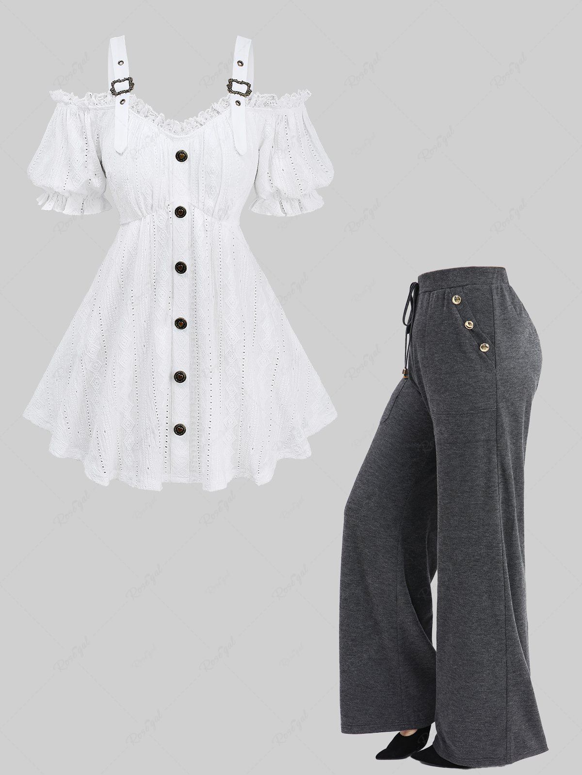Outfit Jacquard Embroidery Pointelle Hollow Out Top and Mock Button Pocket Drawstring Marled Wide Leg Pants Plus Size Outfit  