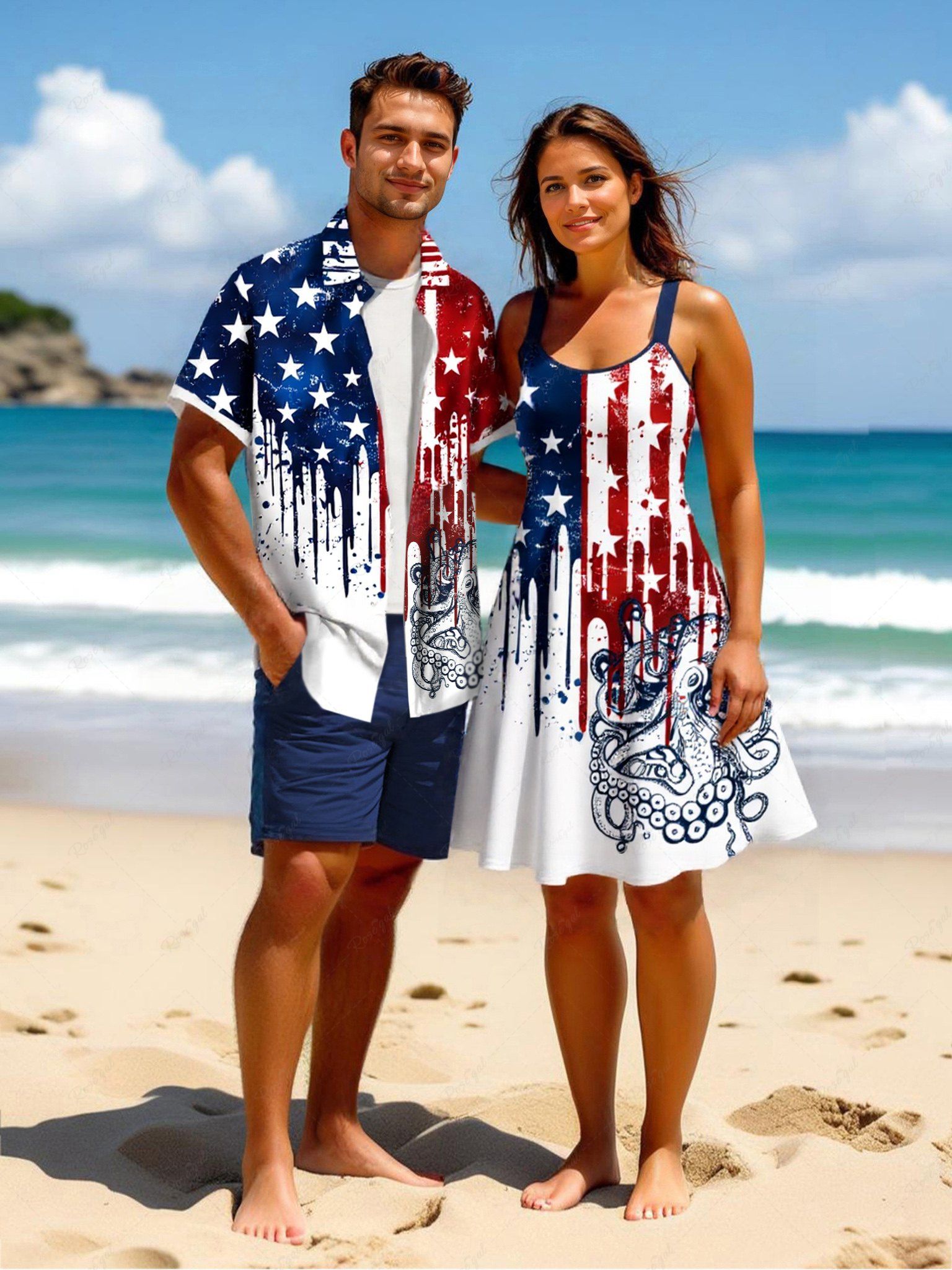 Latest Patriotic American Flag Octopus Paint Drops Print Plus Size Matching Hawaii Beach Outfit For Couples  