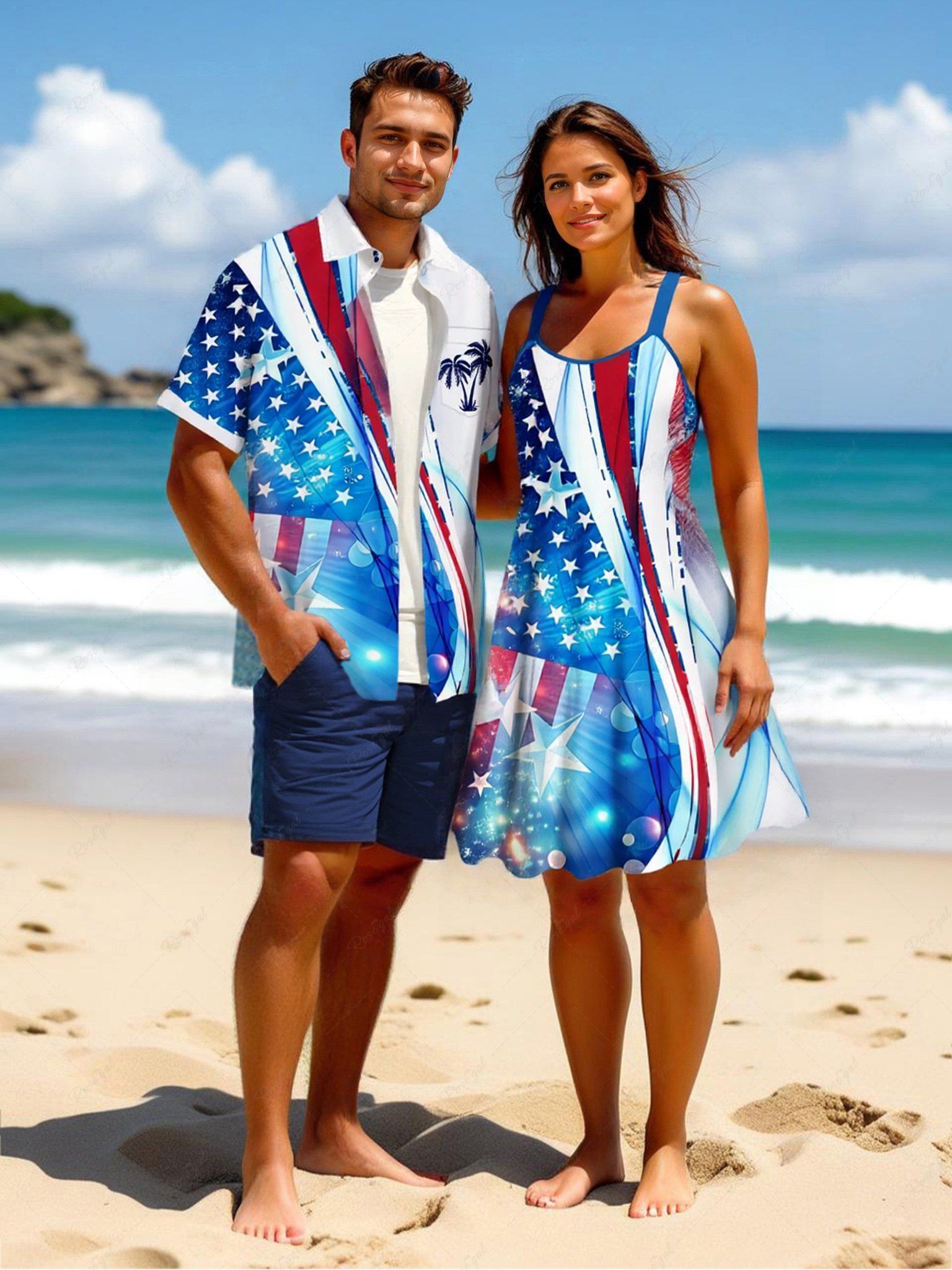 New Patriotic American Flag Light Beam 3D Print Plus Size Matching Hawaii Beach Outfit For Couples  