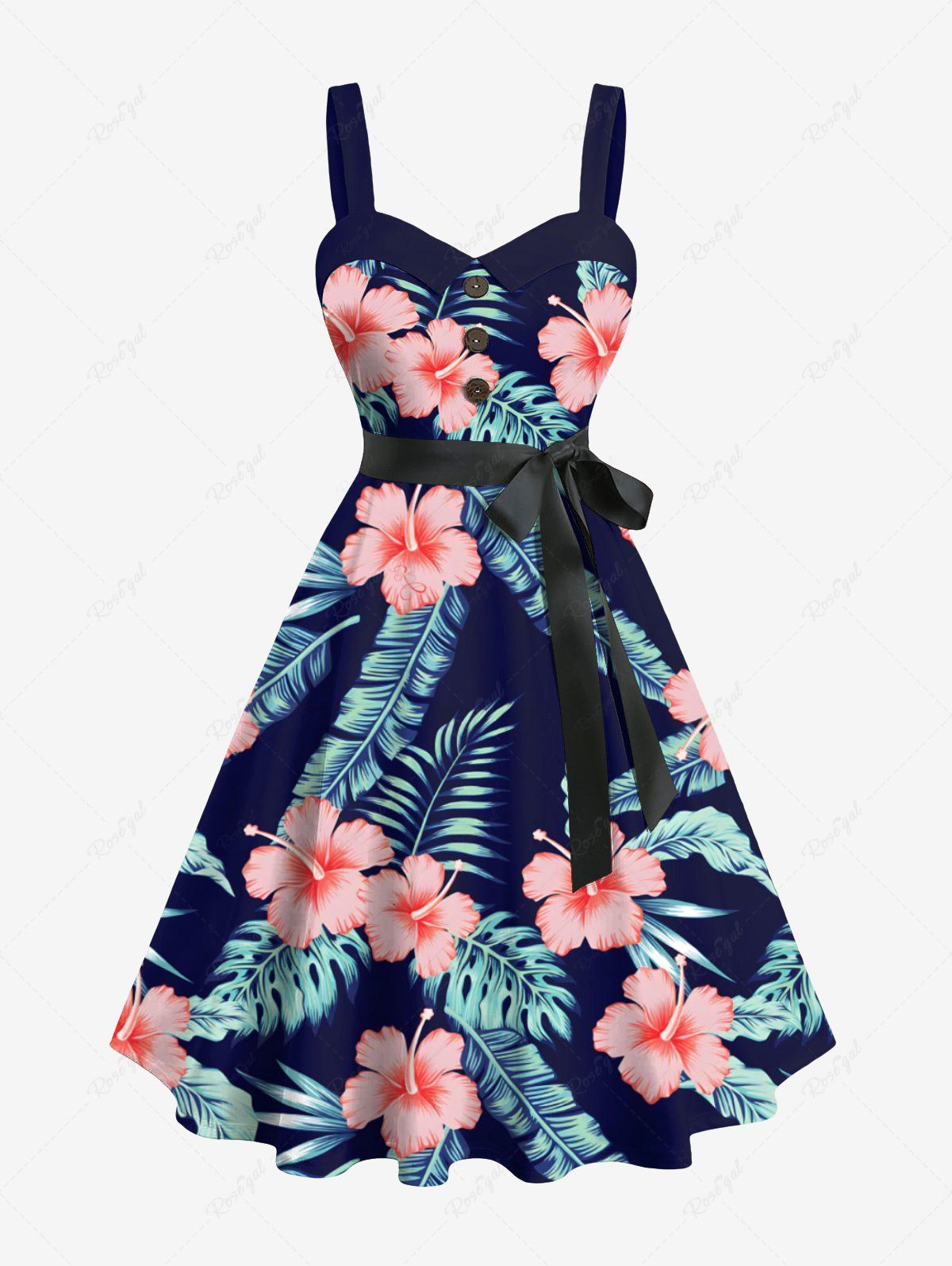 Shop Plus Size Tropical Leaf Hibiscus Flower Print Hawaii Button A Line Tank Dress with Removable Belt  