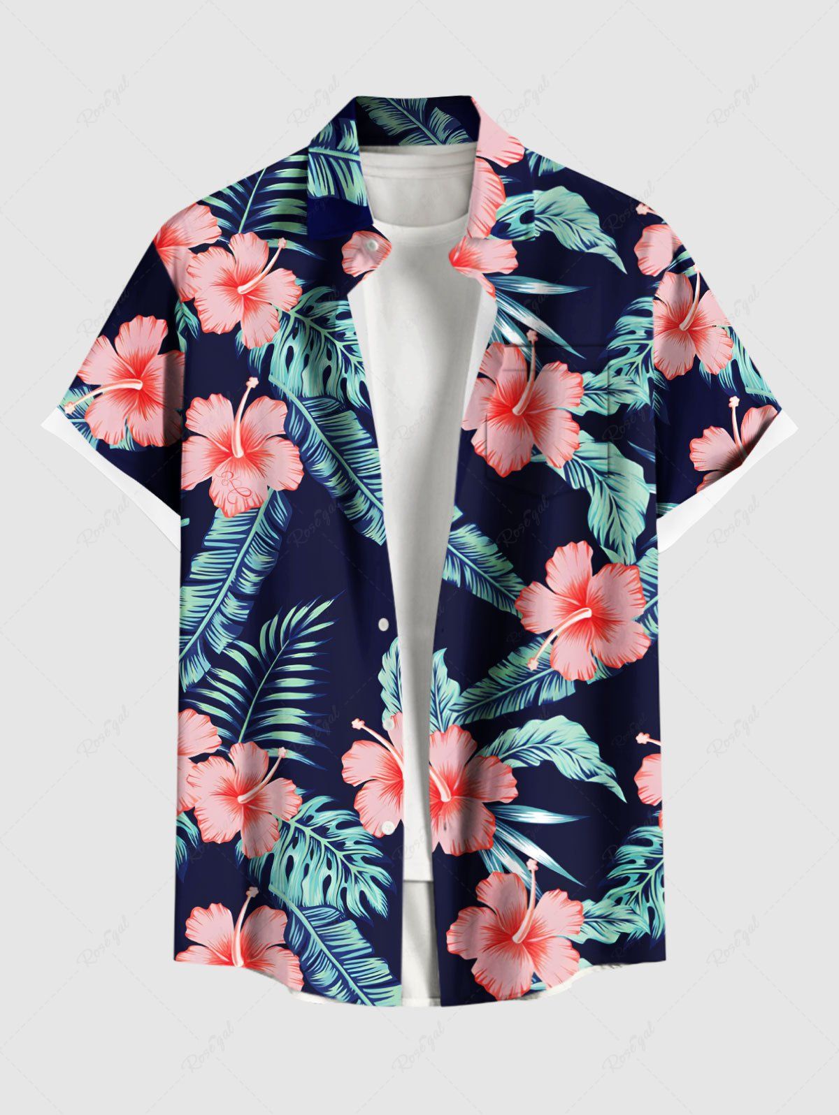 Chemise hawaïenne grande taille à imprimé feuilles tropicales et fleurs d'hibiscus pour homme Noir 2XL