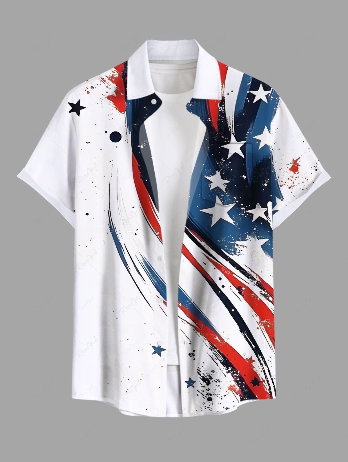 Fancy Plus Size Painting Splatter Patriotic American Flag Curve Print Button Pocket Shirt For Men  