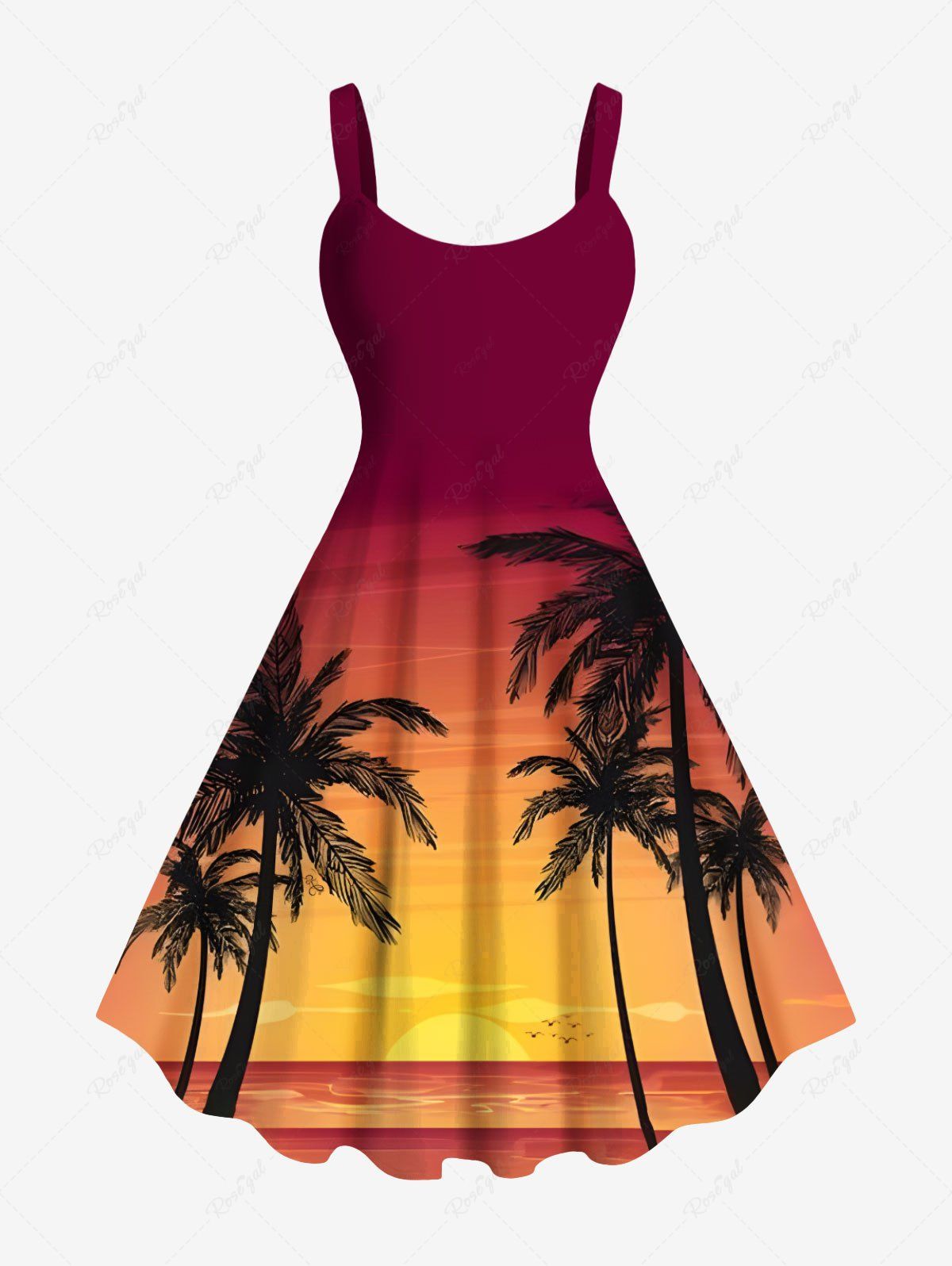 Hot Plus Size Coconut Tree Sea Ombre Dusk Sunset Print Hawaii A Line Tank Dress  