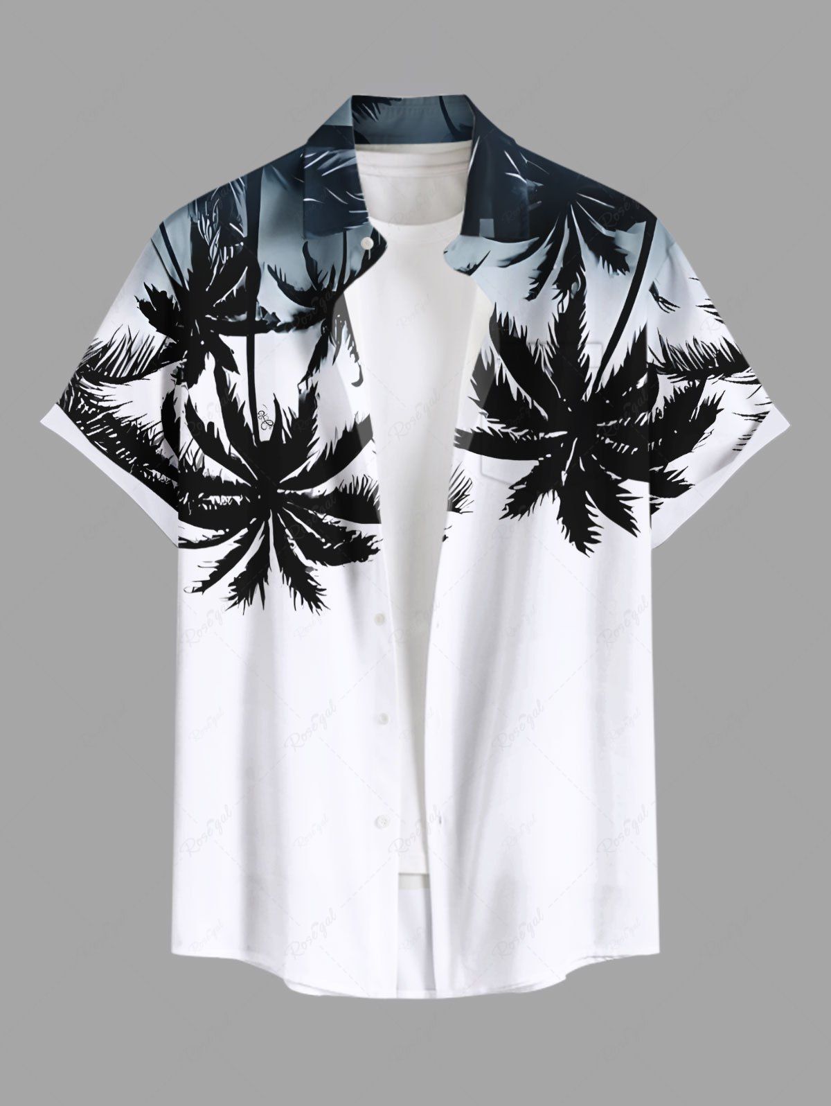 Fancy Plus Size Coconut Tree Ombre Print Hawaii Button Pocket Shirt For Men  