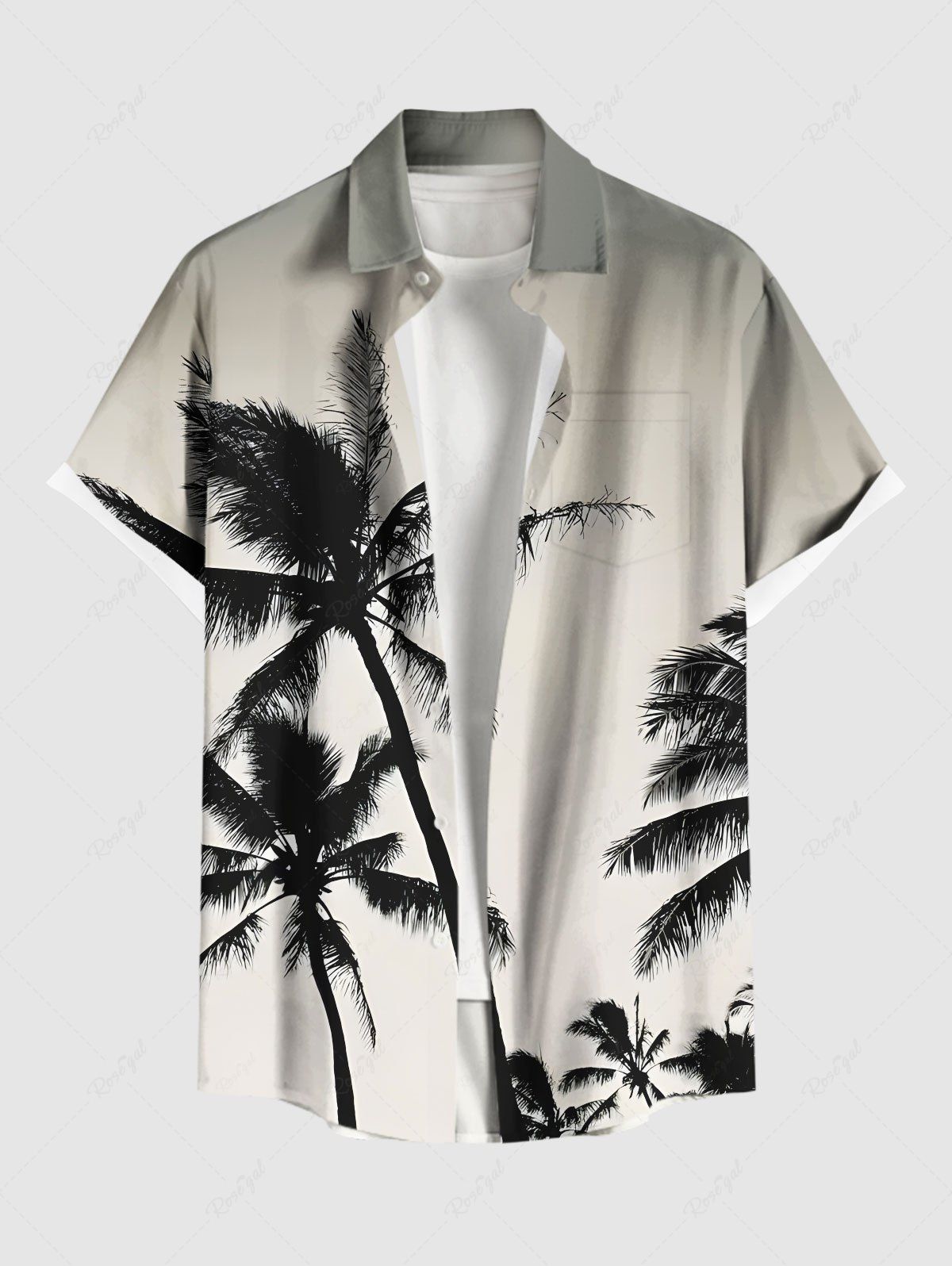Discount Plus Size Coconut Tree Ombre Print Hawaii Button Pocket Shirt For Men  