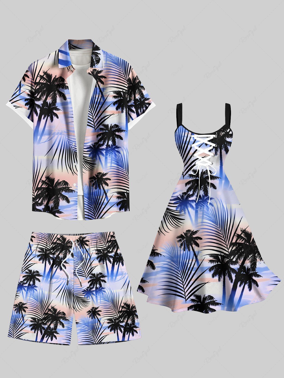 Tenue de plage hawaïenne assortie grande taille avec imprimé feuilles tropicales et ciel ombré, motif cocotier, pour couples Bleu clair 