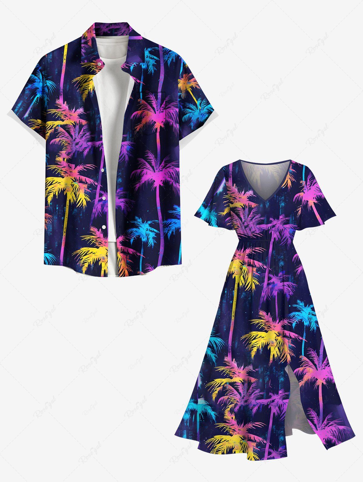 Tenue de plage hawaïenne grande taille à imprimé cocotiers colorés pour couples Pourpre  