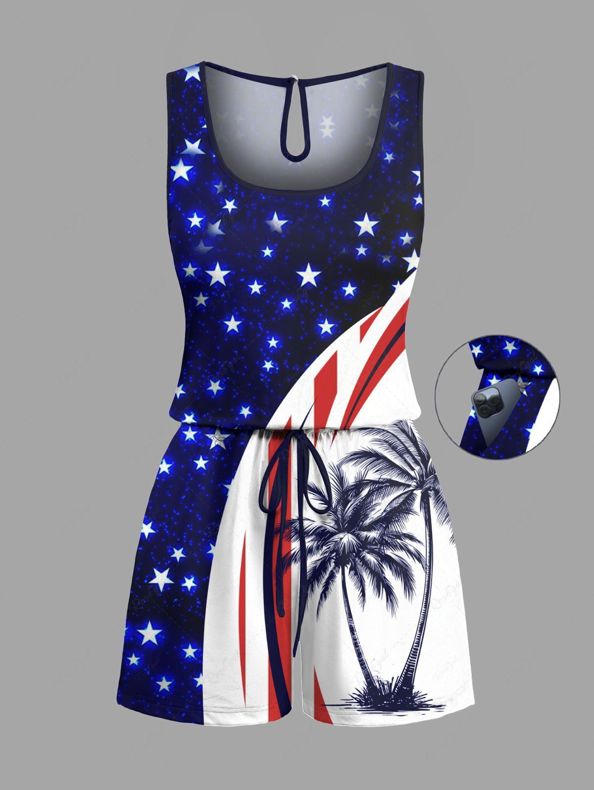 Combinaison grande taille avec cordon de serrage et poches, imprimé drapeau américain patriotique hawaïen, motif cocotier et courbe Bleu 3X
