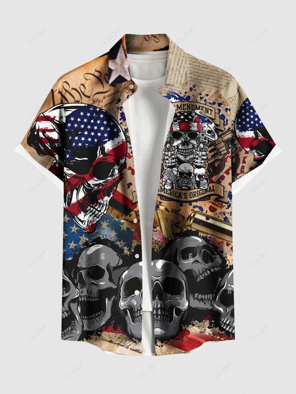 Online Plus Size Patriotic American Flag Skulls Newspaper Print Buttons Pocket Shirt For Men  