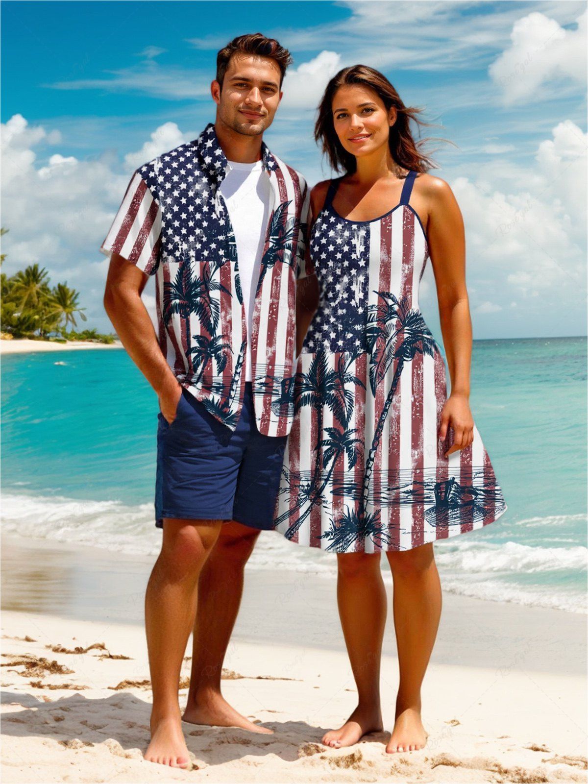 Fancy Patriotic American Flag Coconut Tree Distressed Print Plus Size Matching Hawaii Beach Outfit For Couples  
