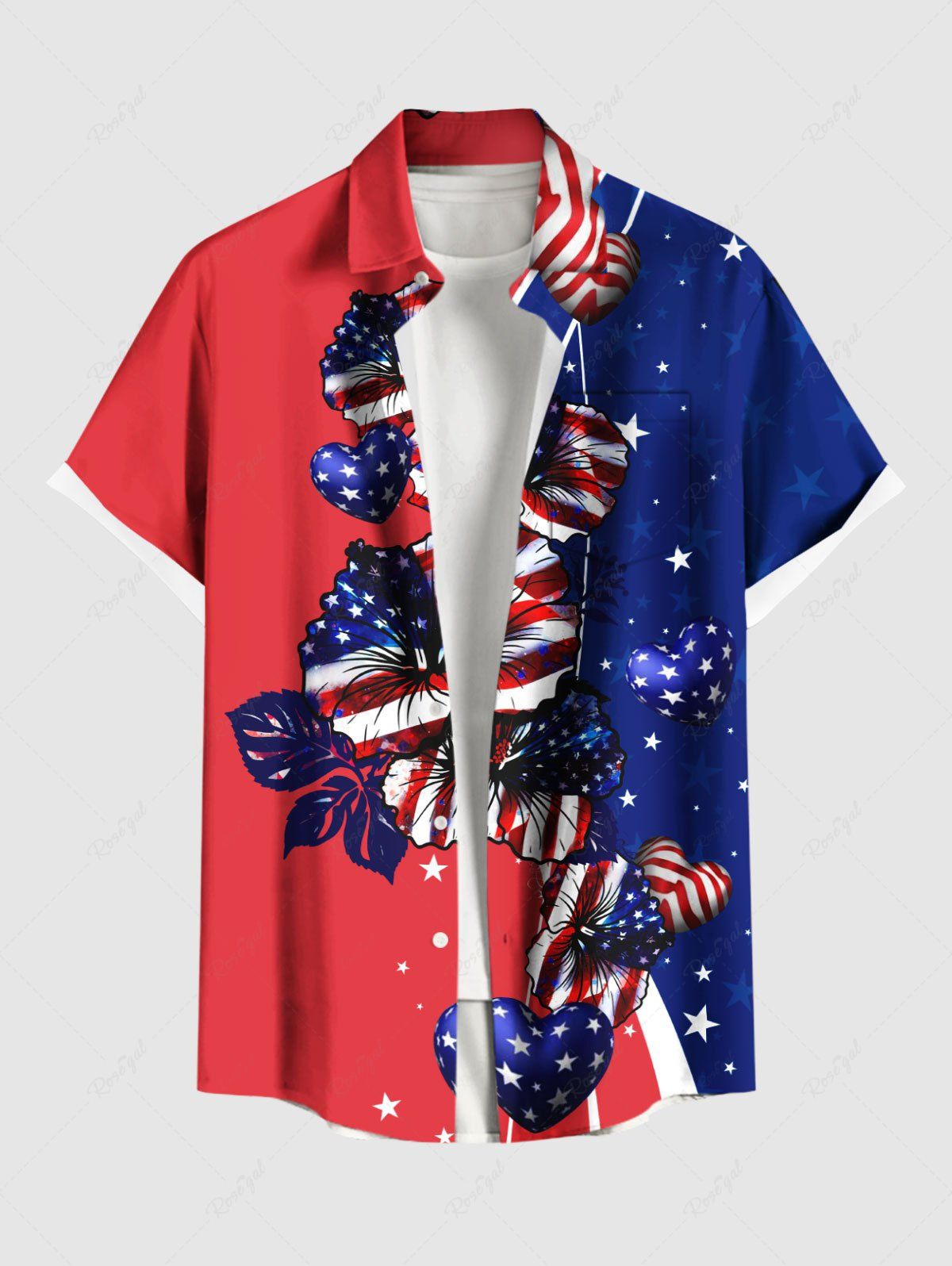 Outfits Plus Size Patriotic American Flag Hibiscus Flowers Heart Print Buttons Pocket Hawaii Shirt For Men  