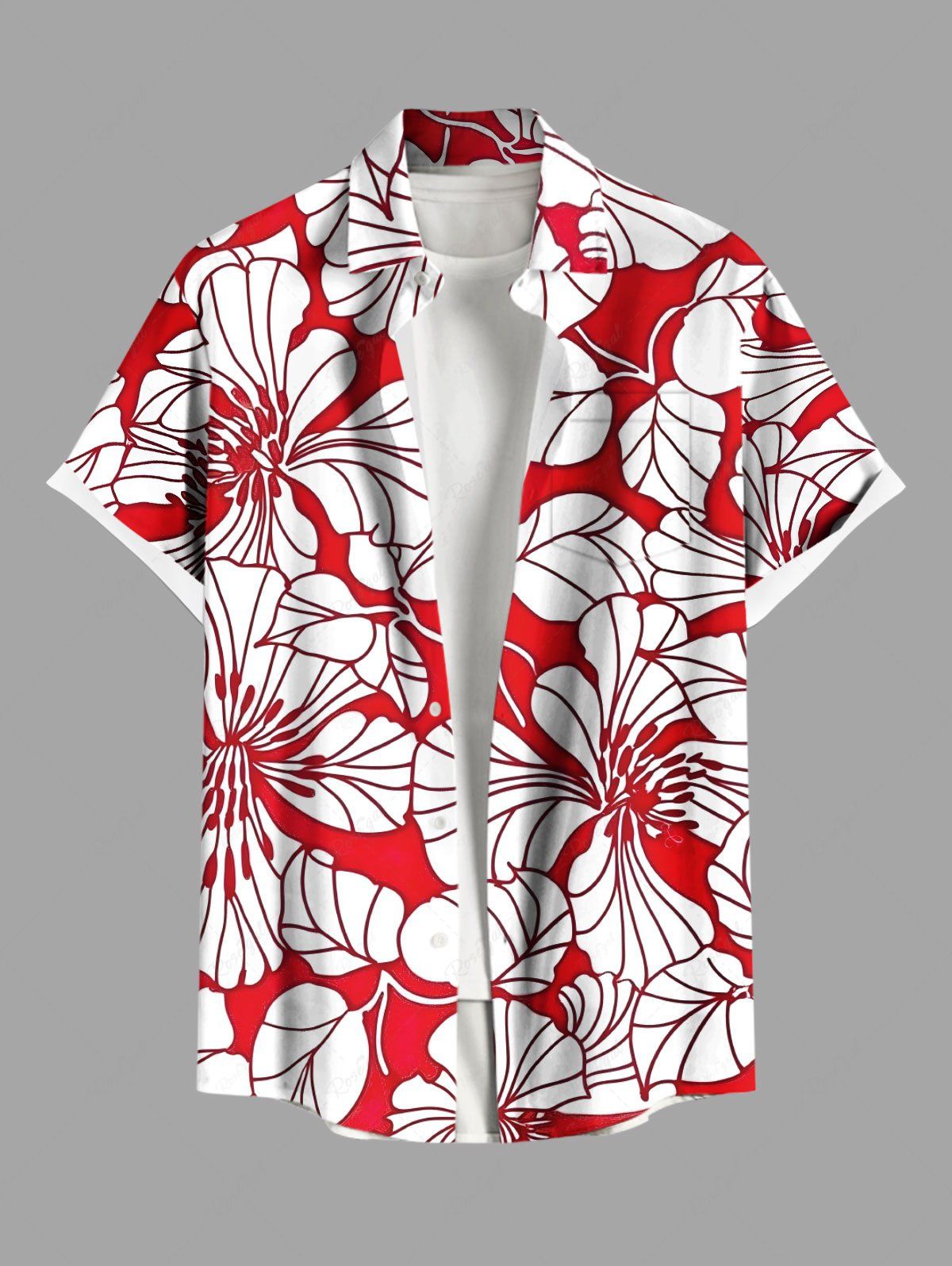 Latest Plus Size Tropical Lraf Hibiscus Flowers Print Buttons Pocket Hawaii Shirt For Men  