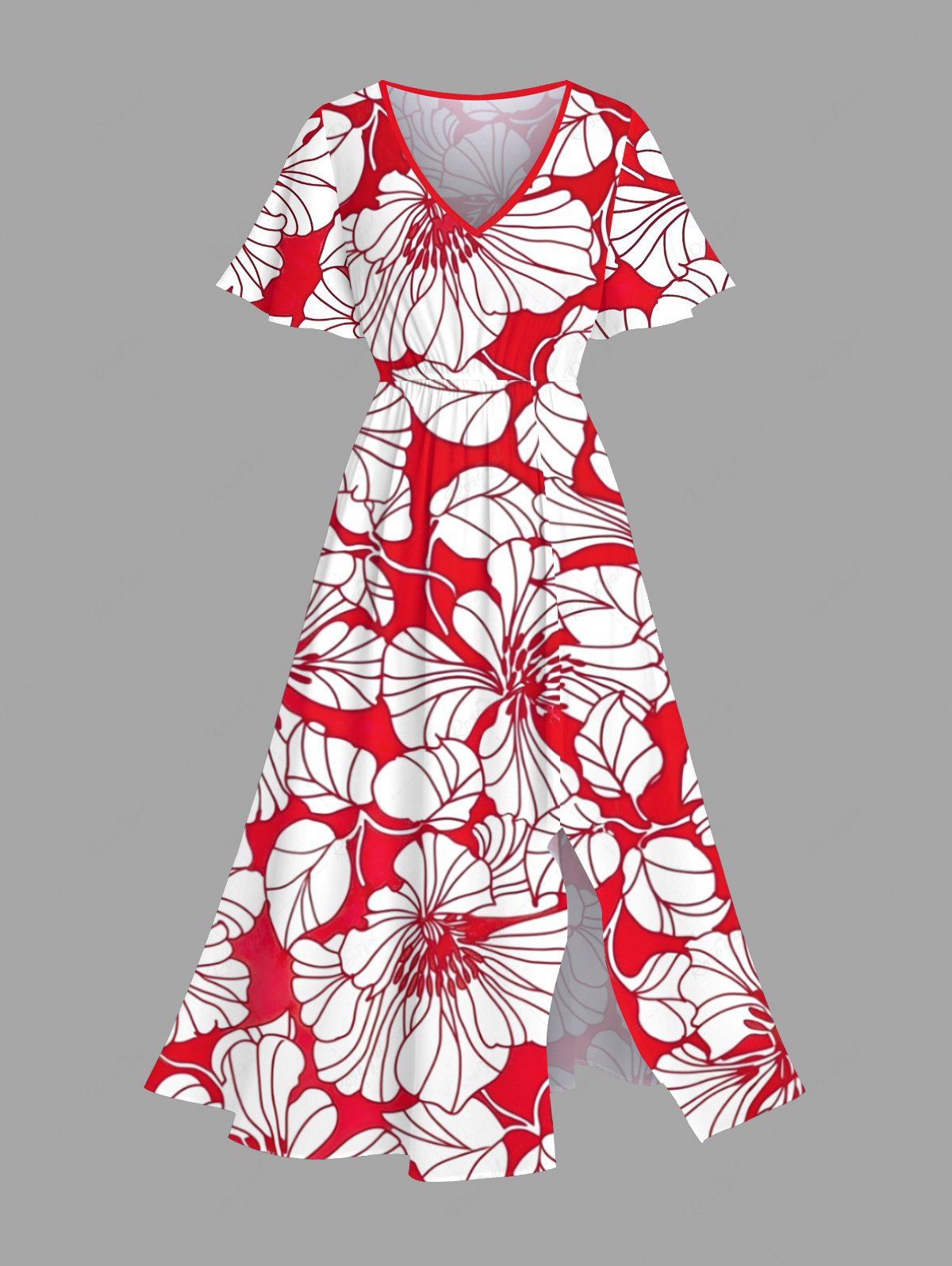 Outfit Plus Size Tropical Lraf Hibiscus Flowers Print Split Hawaii Midi Dress  