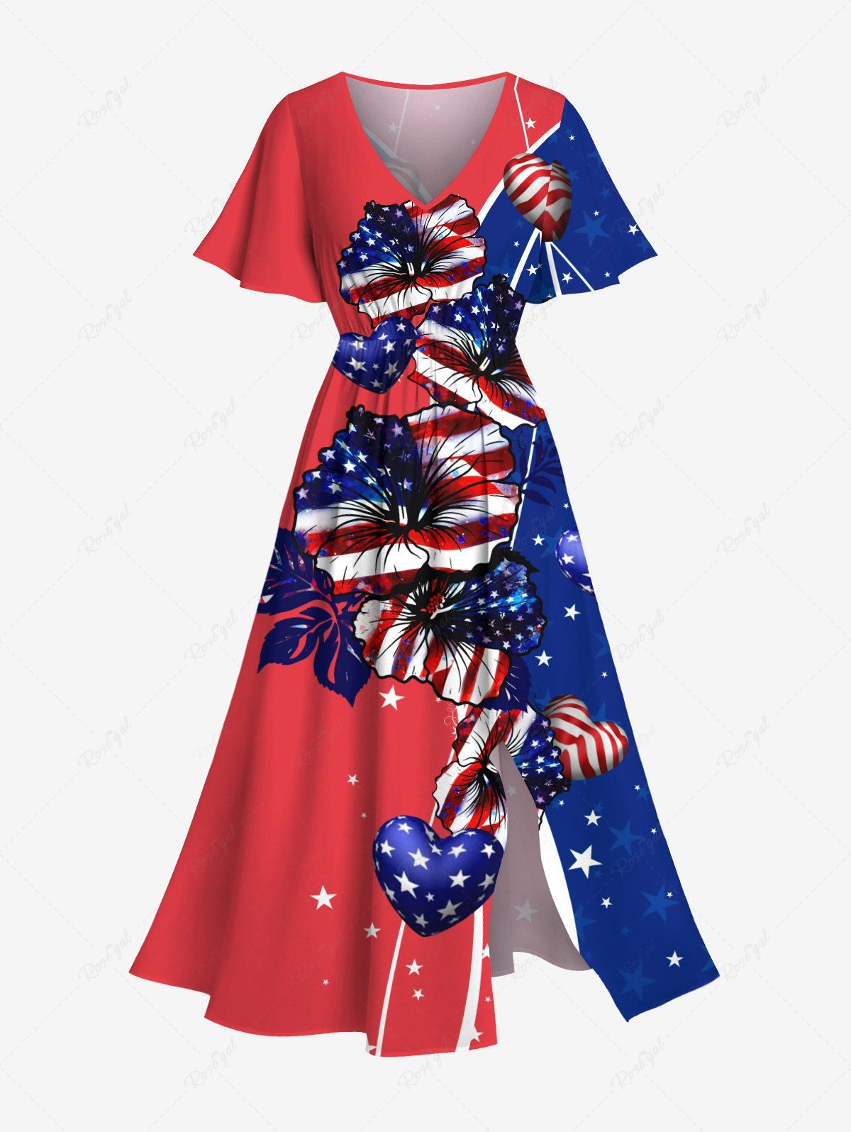 Best Plus Size Patriotic American Flag Hibiscus Flowers Heart Print Split Hawaii Midi Dress  