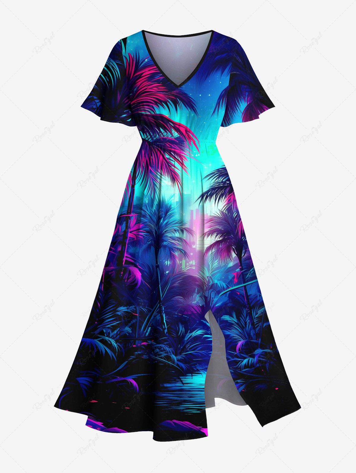 Cheap Plus Size Galaxy Coconut Tree Print Split Hawaii Midi Dress  