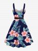 Plus Size Tropical Leaf Hibiscus Flower Print Hawaii Button A Line Tank Dress with Removable Belt -  