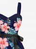 Plus Size Tropical Leaf Hibiscus Flower Print Hawaii Button A Line Tank Dress with Removable Belt -  