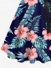 Plus Size Tropical Leaf Hibiscus Flower Print Hawaii Button A Line Tank Dress with Removable Belt -  