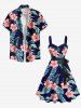 Plus Size Tropical Leaf Hibiscus Flower Print Hawaii Button A Line Tank Dress with Removable Belt -  