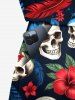 Plus Size Tropical Leaf Hibiscus Flower Skull Print Hawaii Drawstring Pocket Romper -  