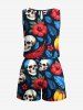 Plus Size Tropical Leaf Hibiscus Flower Skull Print Hawaii Drawstring Pocket Romper -  