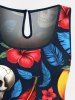 Plus Size Tropical Leaves Hibiscus Floral Skull Print Hawaii Drawstring Pocket Romper -  