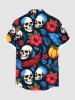 Plus Size Tropical Leaf Hibiscus Flower Skull Print Hawaii Button Pocket Shirt For Men -  