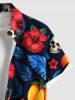 Plus Size Tropical Leaf Hibiscus Flower Skull Print Hawaii Button Pocket Shirt For Men -  