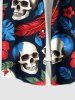 Plus Size Tropical Leaf Hibiscus Flower Skull Print Hawaii Button Pocket Shirt For Men -  