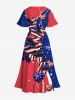 Plus Size Patriotic American Flag Hibiscus Flowers Heart Print Split Hawaii Midi Dress -  