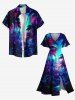 Robe mi-longue hawaïenne fendue à imprimé cocotiers et galaxie grande taille - Bleu S