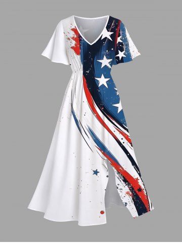Plus Size Painting Splatter Patriotic American Flag Curve Print Split Pocket A Line Midi Dress - WHITE - 4X