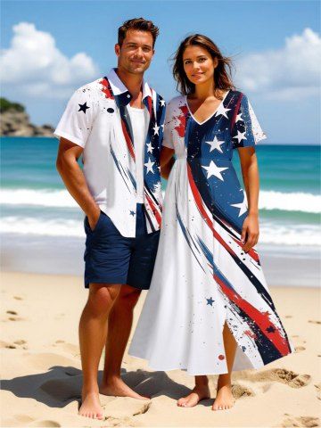 Painting Splatter Patriotic American Flag Curve Print Plus Size Matching Outfit For Couples - WHITE