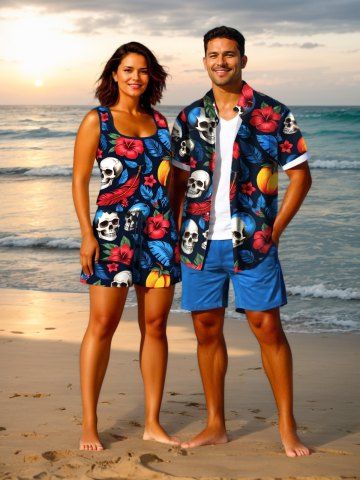 Matching Hawaii Shirt and Romper Plus Size Beach Outfit Tropical Leaves Hibiscus Skull Print For Couples - BLACK