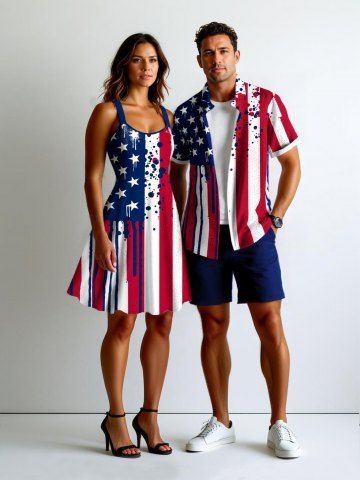 Patriotic American Flag Paint Splatter Print Plus Size Matching Outfit For Couples - WHITE
