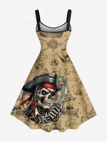 Skull Pirate Distressed Sailboat Print Plus Size Matching Hawaii Cruise Beach Outfit For Couples