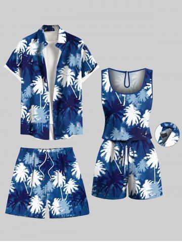 Matching Hawaii Shirt Shorts and Romper Plus Size Beach Outfit Tie Dye Ombre Coconut Tree Print For Couples - BLUE
