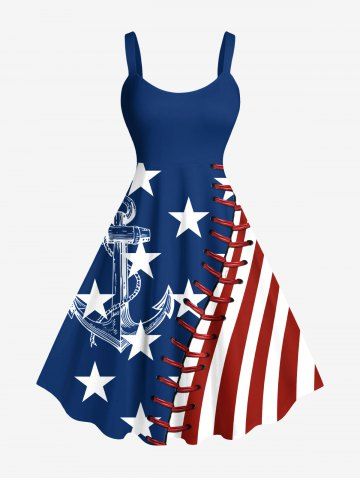 Plus Size Patriotic American Flag Topstitching Anchor Octopus Print Hawaii Cruise A Line Tank Dress - BLUE - M