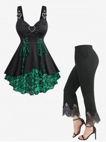 Flocking Tulip Hem Lace Up Tank Top and Scalloped Tassel Pocket Flare Pants Plus Size Outfit - GREEN