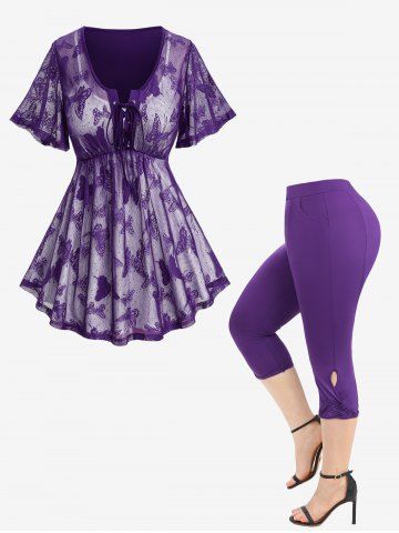 Butterfly Lace Overlay Lace-up Twofer Tee and Braided Hollow Out Capri Leggings Plus Size Outfit - PURPLE